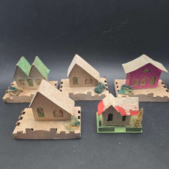 Vintage Paper Putz Houses Set of 5 Glitter Mica Christmas Village - Picture 11 of 12